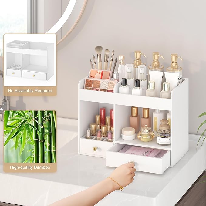 Makeup Organizer with Drawers, Bamboo Countertop Cosmetic Storage for Dresser Vanity Organizer Beauty Desk Skincare Holders Container Make Up Organizing for Lipstick
