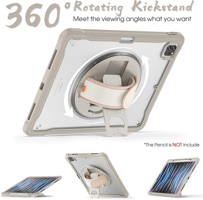 BRAECNstock Full-Body Case for iPad Air 13/Pro 12.9(3-6th)Khaki | Drop-Proof Case with Pencil Holder &amp Screen Protector | 360° Stand for Hands-Free Travel Strap | DIY-Friendly Frosted Back