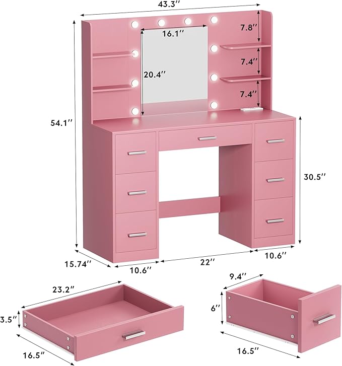 VICTONE Vanity Desk with LED Lighted Mirror&Power Outlet, 3 Model Lights Makeup Vanity Table with 7 Drawers and 6 Storage Shelves for Bedroom and Dressing Room (Light Pink)