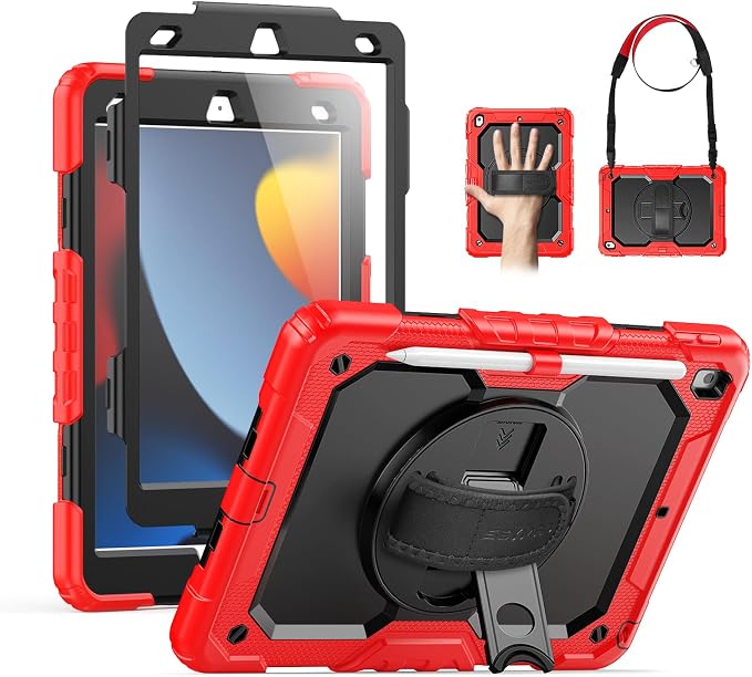 SEYMAC for iPad 9th/8th/7th Generation Case 10.2 2021-2019 Full-Body Shockproof Protective Case with Screen Protector Rotating Stand/Handle/Shoulder Strap for iPad 10.2 Blue/Black