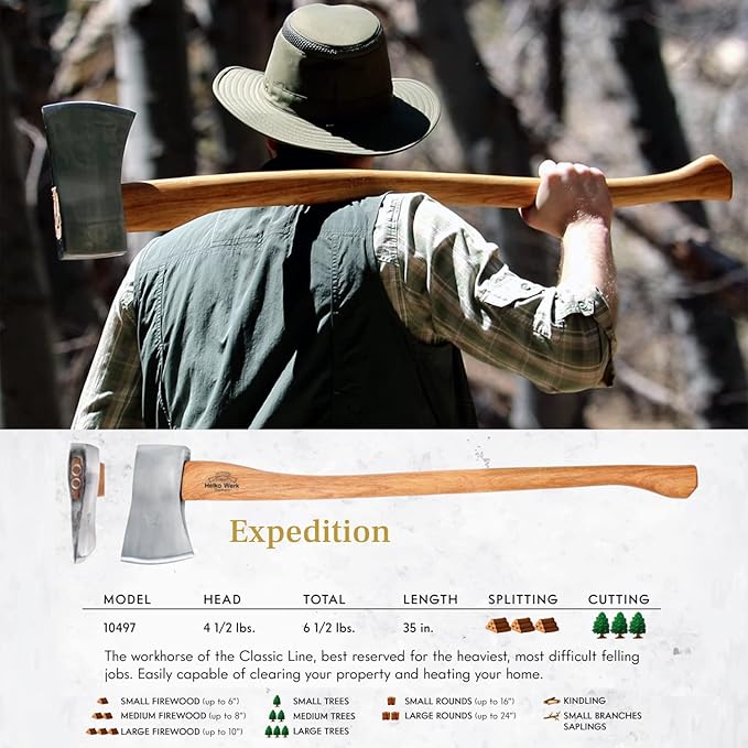 1844 Helko Werk Germany Classic Expedition - 4.5lb Felling Axe - Made in Germany Large Felling Axe for Heavy Duty Felling Trees, Cutting Wood and Timber - Head 4.5lb, Handle 35in. (Expedition) #10497