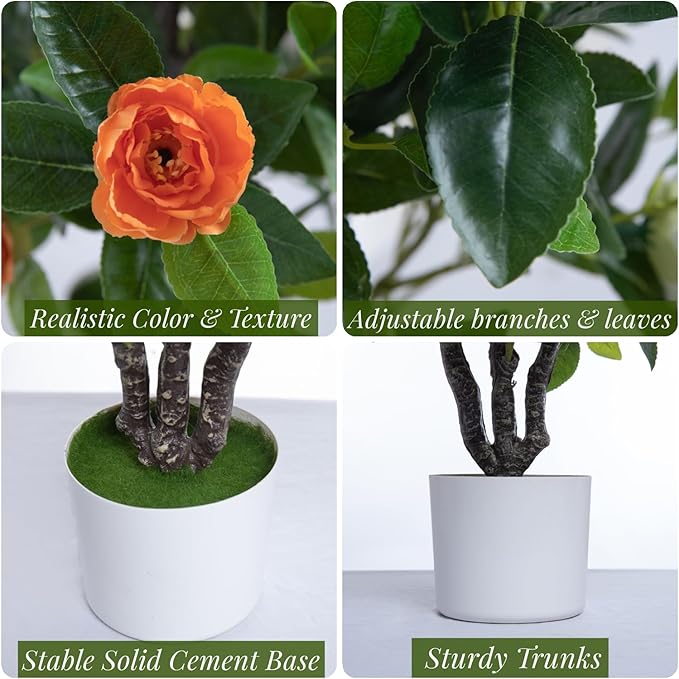Artificial Camellia Tree 35in Faux Floral Plant with Orange Flowers and Green Leaves - No Maintenance Indoor Outdoor Office Home Porch Decor Housewarming Gift(1 Pack - Orange)