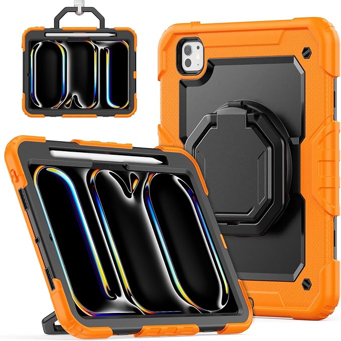 for iPad Pro 11 inch Protective Case M5 2025/M4 2024: Heavy Duty Shockproof Case with Pencil Holder - 360°Rotating Handle/Stand - Screen Protector - Shoulder Strap Black/Sky Blue