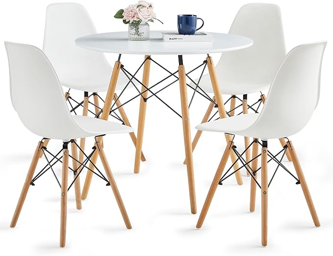 Round Dining Table Set for 4 31.5" Wood Dinner Table Circle Dining Table Kitchen Table Chairs Set of 4 with Wood Strip Base for Kitchen Living Room Space Saving Apartment(White)