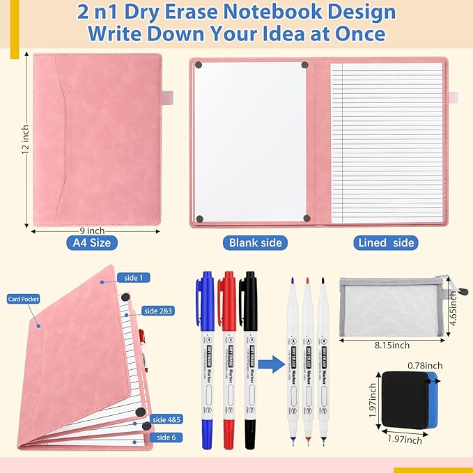 6 Sides Dry Erase Notebook Portable Whiteboards Notebook Small Reusable College Ruled Lined Board Folding Mini Travel Dry Erase White Board for Office Study(Pink,A4: 9 x 12 Inches)
