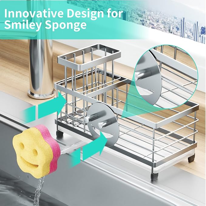 HapiRm Sponge Holder for Kitchen Sink - Self-draining Sink Caddy with Smiley Face and Brush Holder, Stainless Steel Kitchen Organizer for Countertop - Silver