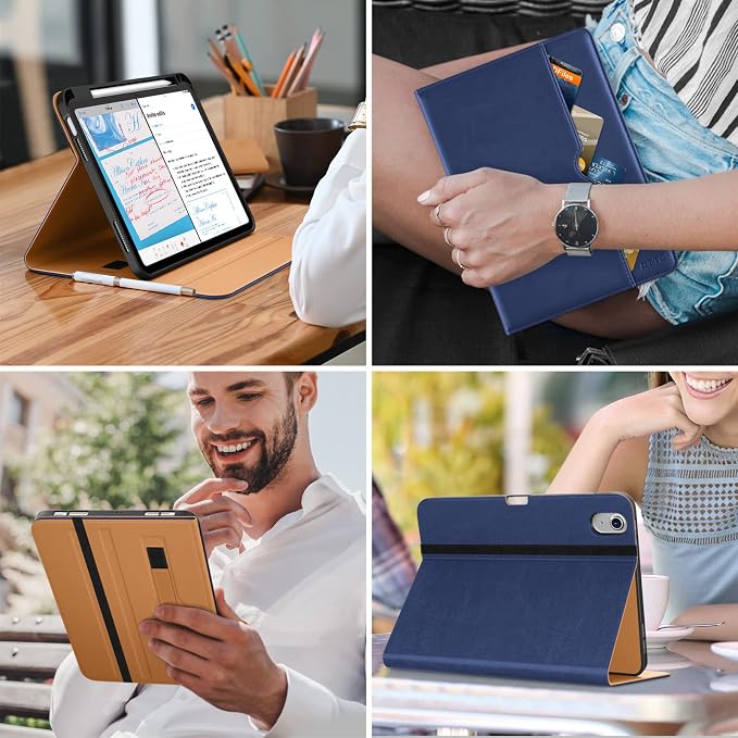 DTTO for iPad (A16) 11th Generation 11-inch &amp 10th Gen Case Brown | Premium Leather Business Cover with Pencil Holder Hand Strap &amp Pocket Corner Protection Auto Sleep/Wake for Work &amp