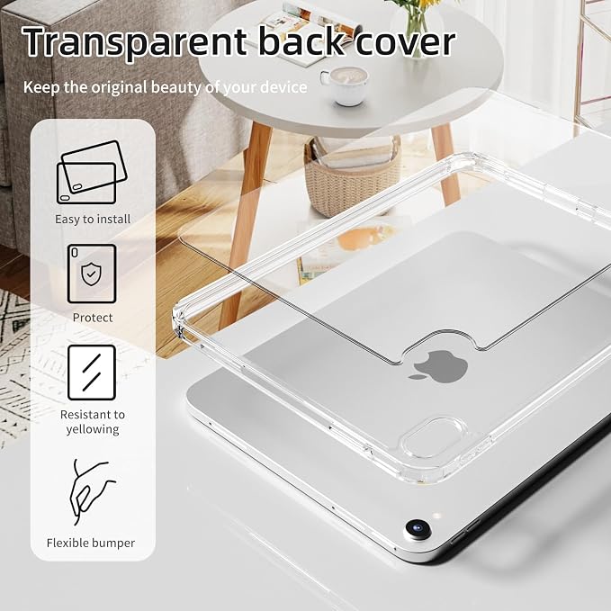 Detachable Case for iPad A16 11th Gen 11/10th Gen 10.9 Black | Slim Transparent Shell Back Soft Shockproof TPU Frame Without Pencil Holder Auto Sleep/Wake