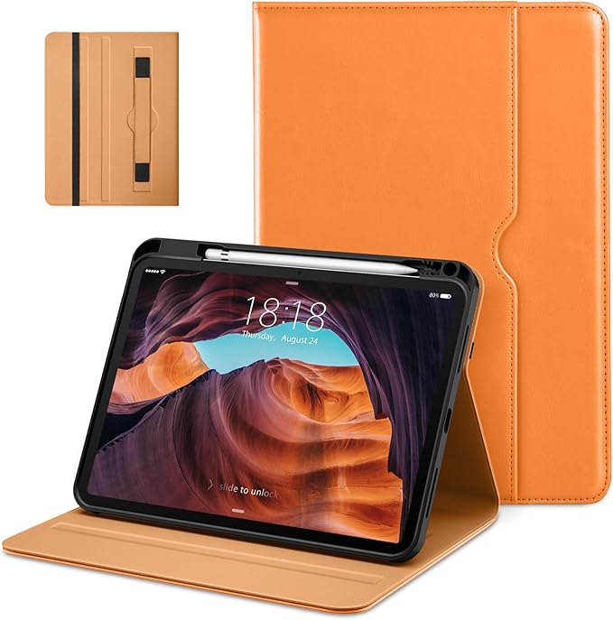 DTTO for iPad (A16) 11th Generation 11-inch &amp 10th Gen Case Brown | Premium Leather Business Cover with Pencil Holder Hand Strap &amp Pocket Corner Protection Auto Sleep/Wake for Work &amp