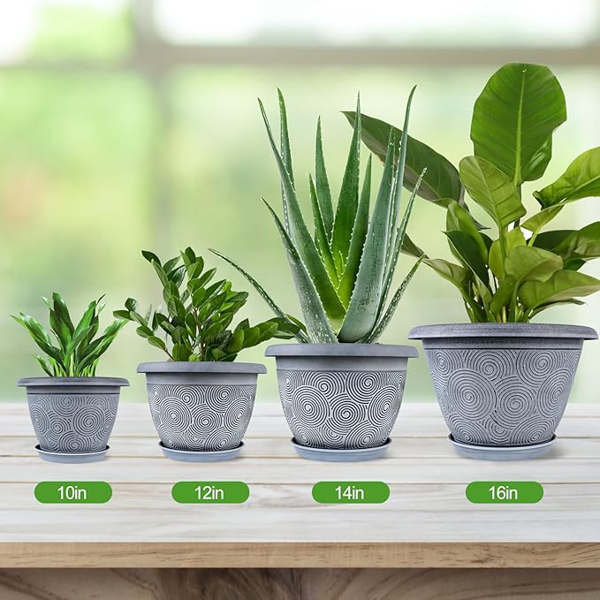 12 Inch Large Planter Pot for Plants Indoor Outdoor, 4 Pack Plastic Flower Pots with Drainage Hole & Tray, Modern Decorative Garden Pot with Saucer, Plant Container for House