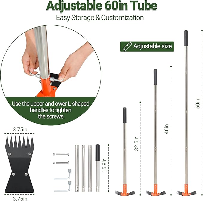 2-in-1 Garden Hoe and Weed Puller Rake, 60 Inch Adjustable Long Handle Weeding Tool Heavy Duty Spring Steel Head with Sand Grain Coating, Weed Remover for Garden, Yard, Lawn, Driveway