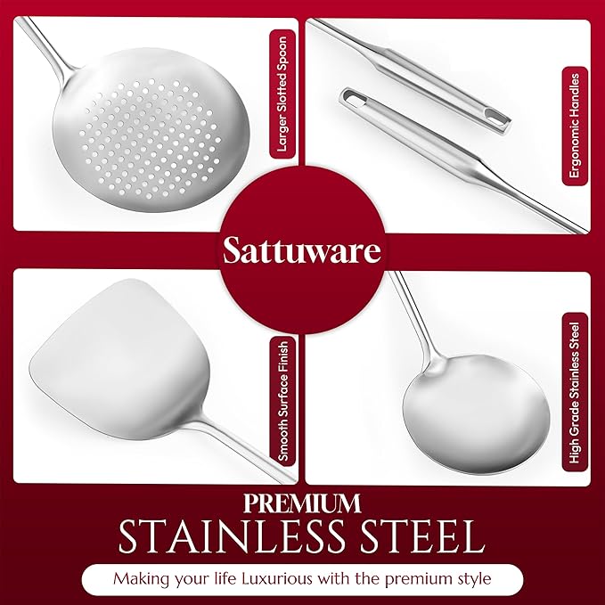 SATTUWARE 6 Pc Stainless Steel Cooking Utensils Set with Ergonomic Handles – Heat Resistant Kitchen Tools Includes Slotted Spatula, Skimmer Ladle, Spatula, Serving Spoon, Pasta Spoon Ideal for Cooking