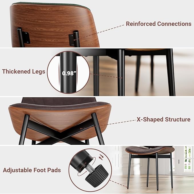 Dining Chairs Set of 6, Dining Room and Kitchen Chairs, Mid Century Modern Accent Chair, Upholstered PU Leather Chairs for Vanity with Walnut Bentwood and Metal Legs, Brown