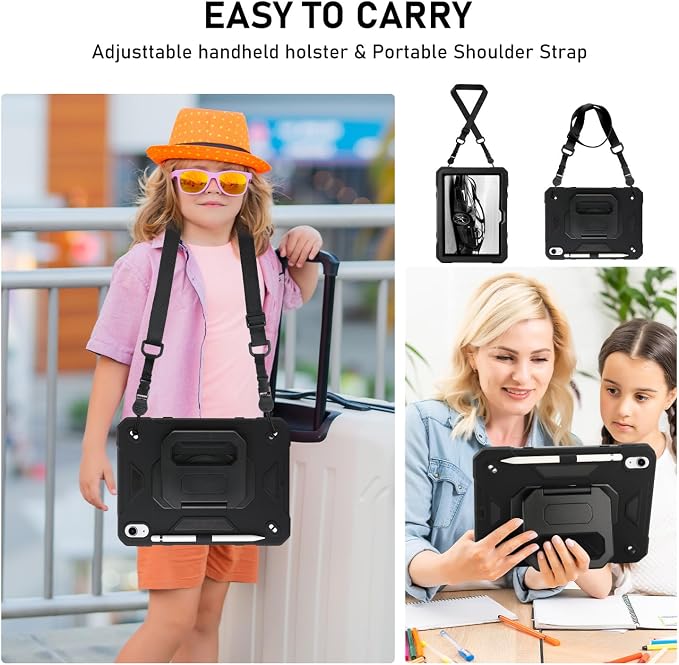 for iPad (A16) 11th Generation Case 11 Inch 2025/ iPad 10th Generation Case 10.9 Inch 2022 with 360 Rotating Grip Magic StandPencil Slot/Key Chain/Carrying Shoulder Strap Cover for iPad 10th Gen