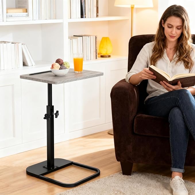 jessie Tv Tray Table, Adjustable Tray Table for Couch 360° Swivel C Shaped End Table with Phone Tablet Slot for Living Room, Sofa, Bedside, Bathroom (Gray)