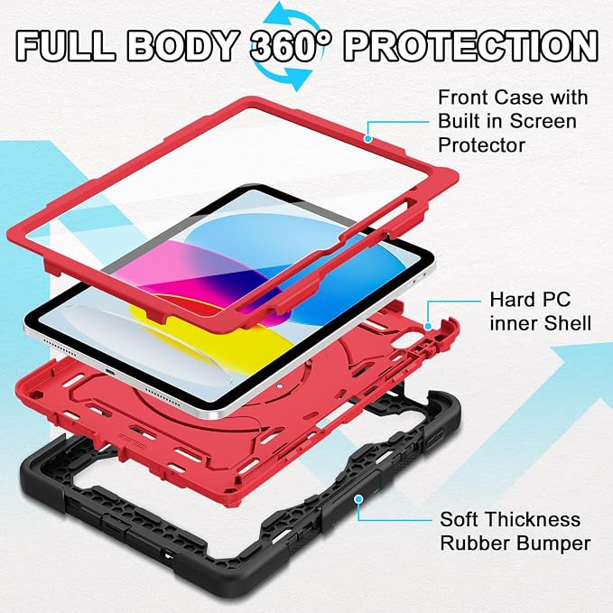 for iPad 9th 8th 7th Gen Case 10.2 inch with Screen Protector | 360° Rotating Kickstand Hand Strap Shoulder Strap Heavy Duty Military Grade - Kids Friendly