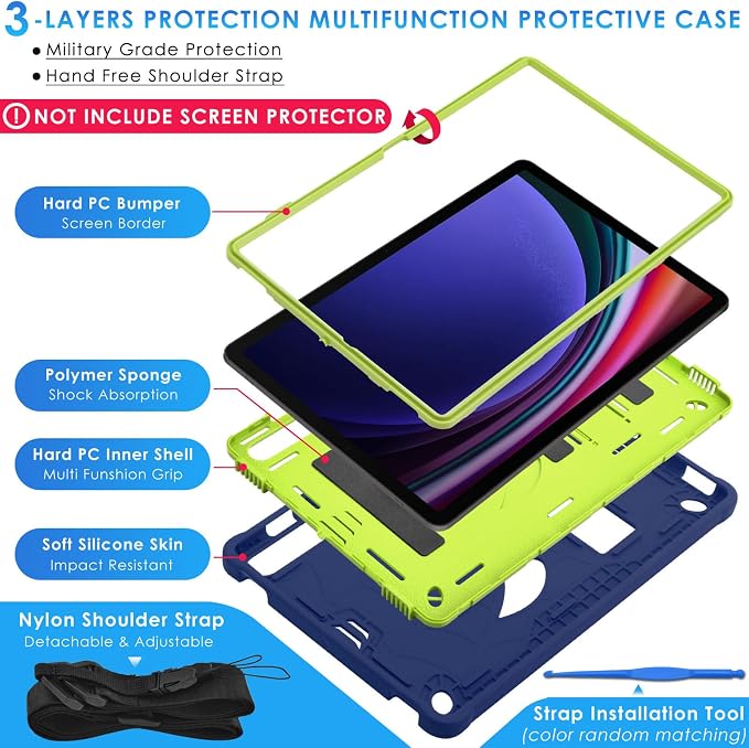 DETUOSI Case for Samsung Galaxy Tab S10 Lite / S10 FE / S9 FE 10.9-Inch with S Pen Holder + Shoulder Strap3-Layer Hybrid Heavy Duty Full-Body Shockproof4-Angle Viewing Protective Cover