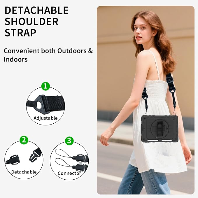 Case for iPad 9th/8th/7th Generation10.2 Shockproof 360 Rotating Stand Shoulder Hand Strap with Pencil Holder for iPad 10.2 inch 2021/2020/2019 Case (Black)
