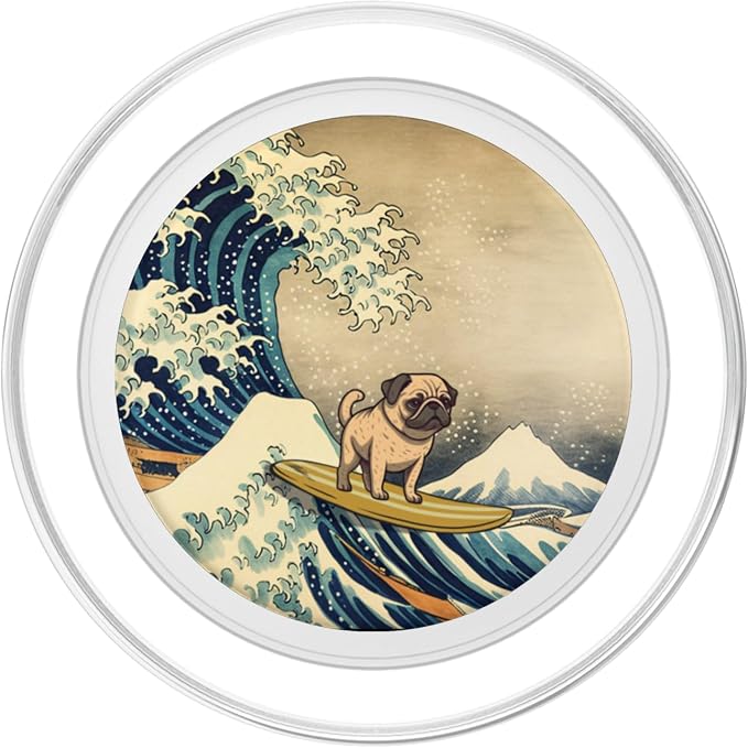 Surfing Pug Kanagawa Wave Japanese Dog Funny PopSockets Adhesive PopGrip