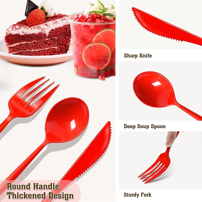 Gudvilla 120pcs Red Plastic Silverware Set Sturdy Red Utensils Disposable Plastic Cutlery Heavy Duty includes Forks and Spoons and Knives Sets for Valentines Day Birthday Graduation Chinese New Year