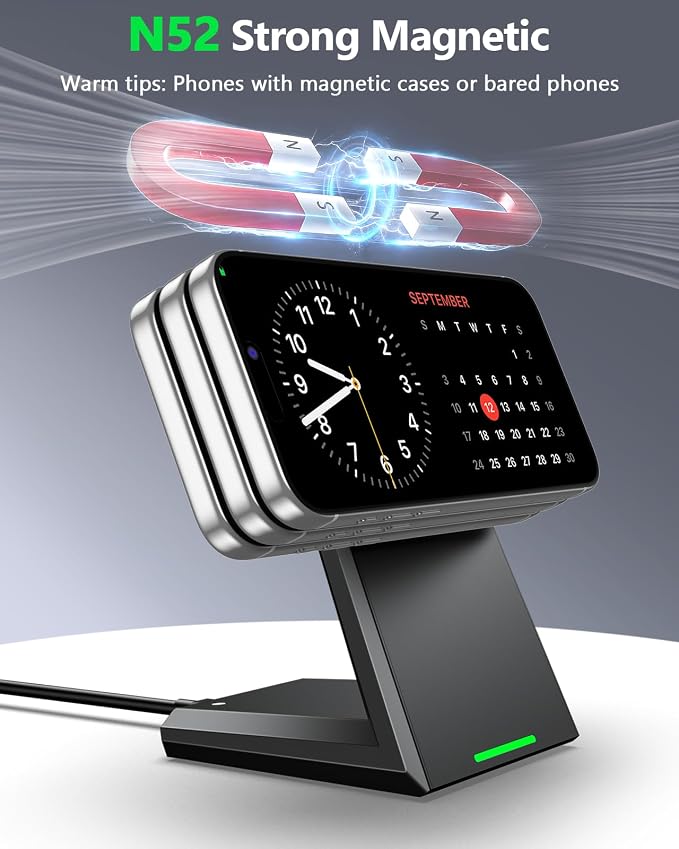 NANAMI 25W Magnetic Wireless Charger Stand with 30W PD Adapter for iPhone | Compatible with iPhone 17/16/15/14/13 N52 Alignment 360° Adjustable Design Auto-Dim LED Cooling System &amp Safety Prote