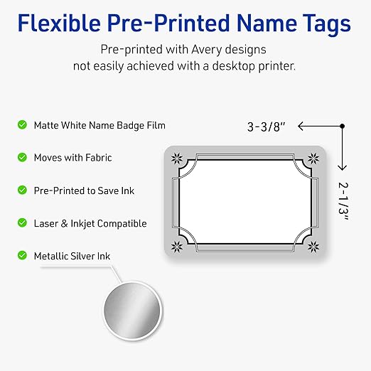 Avery Printable Christmas Adhesive Name Badges, Rectangle, 2-1/3" x 3-3/8", Pre-Printed Metallic Silver Border with Black Snowflakes Design, Matte White, Laser & Inkjet Compatible, 80 Total