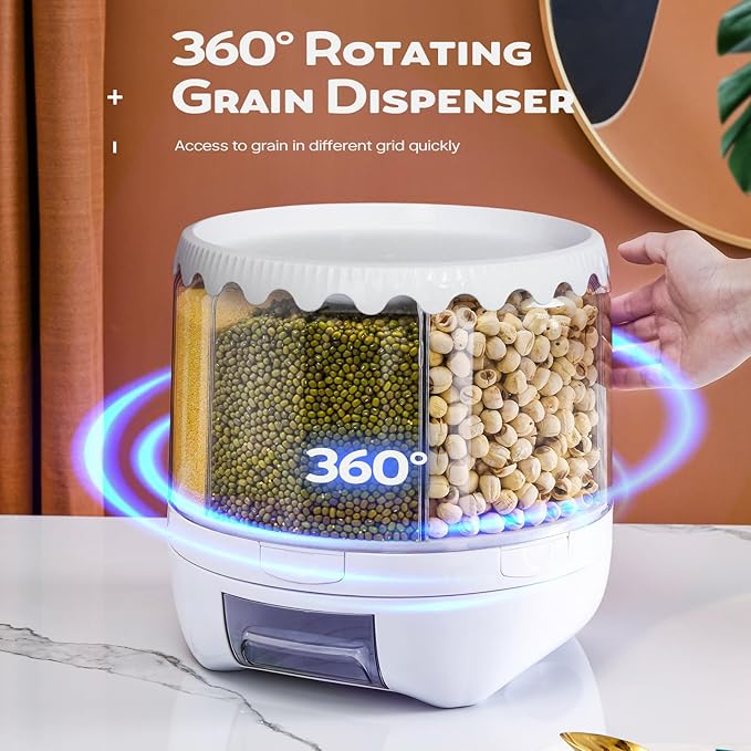 Grain Dispenser, 360° Rotating Storage Container, 6 Grid Food Dispenser with Storage Sealed Lid, Rice Dispenser for Kitchen Grains, Beans, Rice