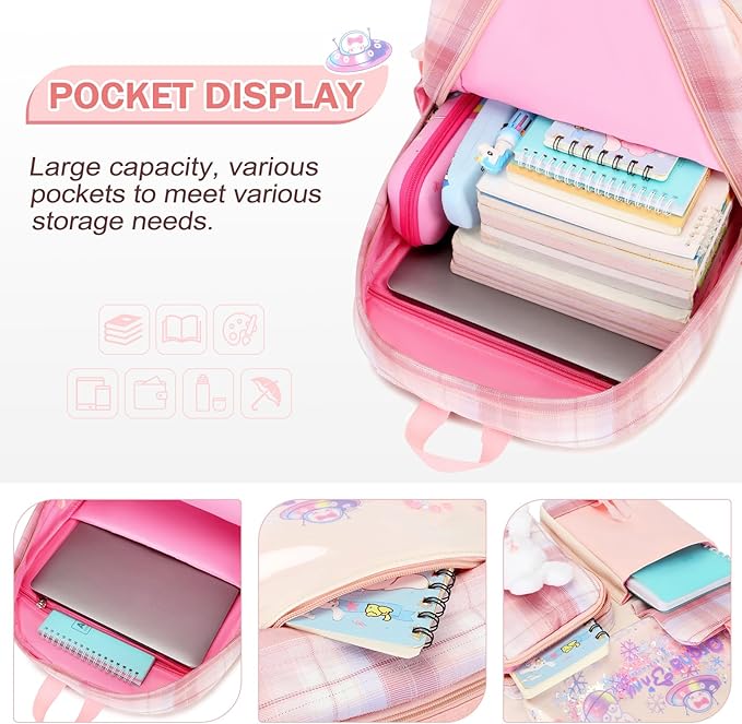Girls Backpack Set, 3PCS Kids Backpack for Girls, Kawaii Bunny School Backpacks for Girl Kindergarten Elementary Preschool Middle School Bags with Lunch Box Pencil Case Pink-Plaid