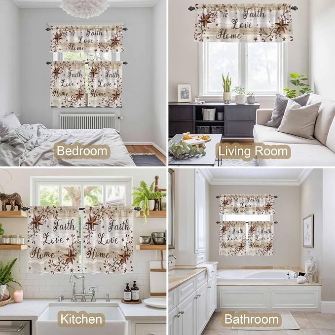 Kitchen Curtains Tiers and Valance Set of 3, Texas Star Brown Light Filtering