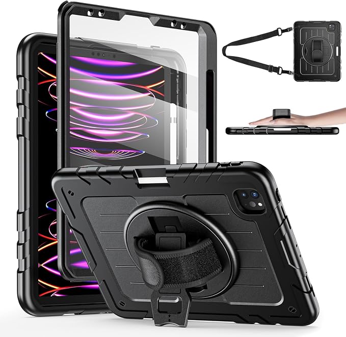 iPad Pro 11 inch Case with Rotating Stand &amp Shoulder Strap Heavy Duty Shockproof Cover with Pencil Holder for iPad Pro 11-inch 4th/3rd/2nd/1st Gen (Black)