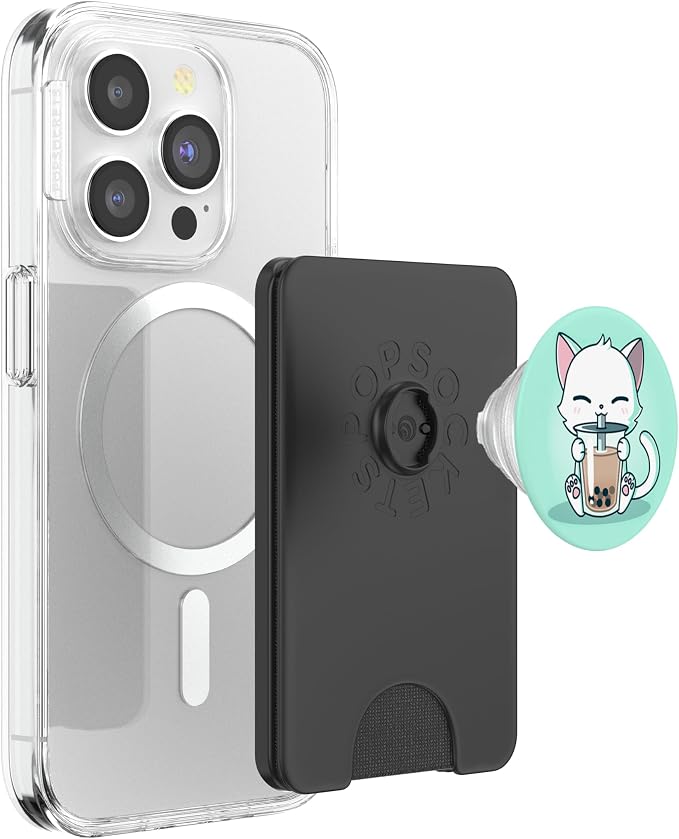 Cute Boba Kit Tea Cat Enjoying Tea Pet Kitty Lover Green PopSockets PopGrip: Swappable Grip for Phones &amp Tablets
