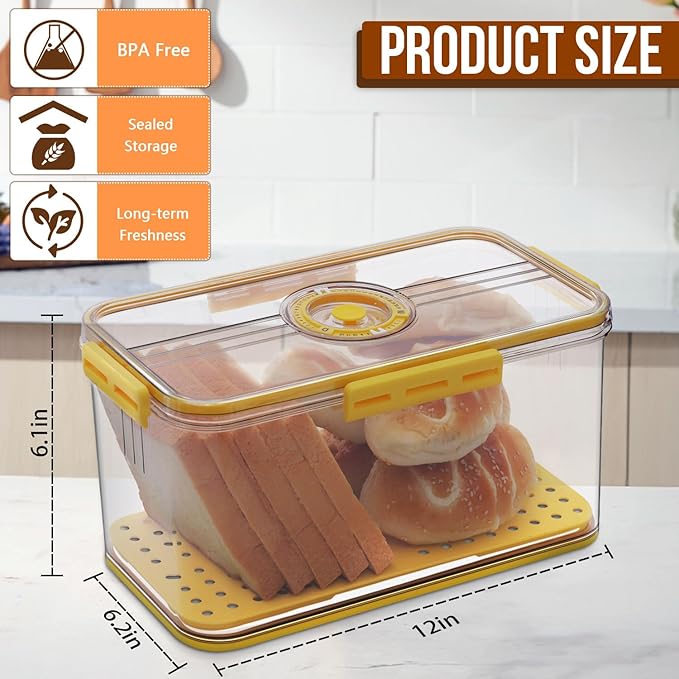 Gifhomfix Bread Box Airtight Bread Boxes for Kitchen Counter, Time Recording Bread Storage Container with Lid, Bread Holder for Homemade Bread, Toast, Bagel, Donut and Cookies, Yellow