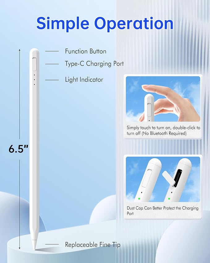 Stylus Pen for iPad with Magnetic Palm Rejection 14-Minute Fast Charging for iPad 6/7/8/9/10 mini 5/6 Air 3/4/5/M2 Pro 11/12.9/M4