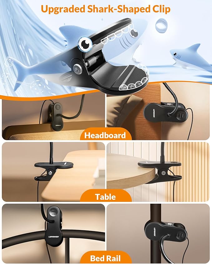 LEPOWER Clip on Light, 60 LED Reading Lights for Books in Bed, with 25+ Lighting Options, 3 Timer, Night Light Function, Eye-Caring Book Light for Reading in Bed, Headboard, Bedroom, Black