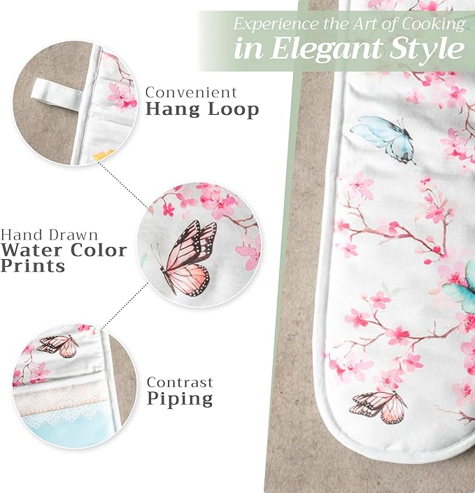 Maison d' Hermine Double Oven Mitts 100% Cotton 7"x35" Double Oven Mitt Heat Resistant BBQ Cooking Gloves with Loop, Baking, Grilling, Kitchen, Handling Hot Pans Spring Summer (Blossoms in Spring)