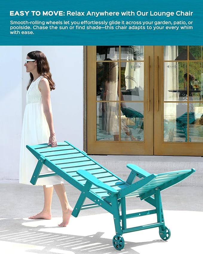 Lounge Chair Outdoor, Oversized Chaise Lounge Chair with 5 Positions, HDPE, Patio Lounge Chair with Wheels & Cup Holder for Pool, Deck, Poolside, Lake Blue