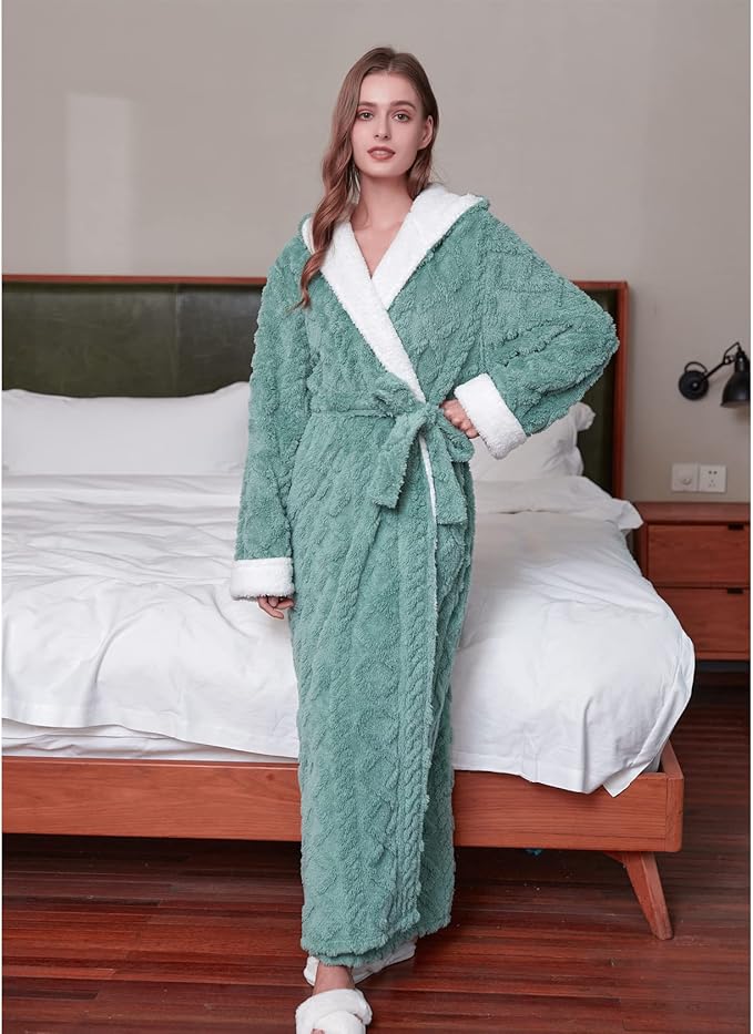 LKG women's robes long plush hooded ladies shower luxury christmas warm fuzzy robes house coat bathrobe for women full length