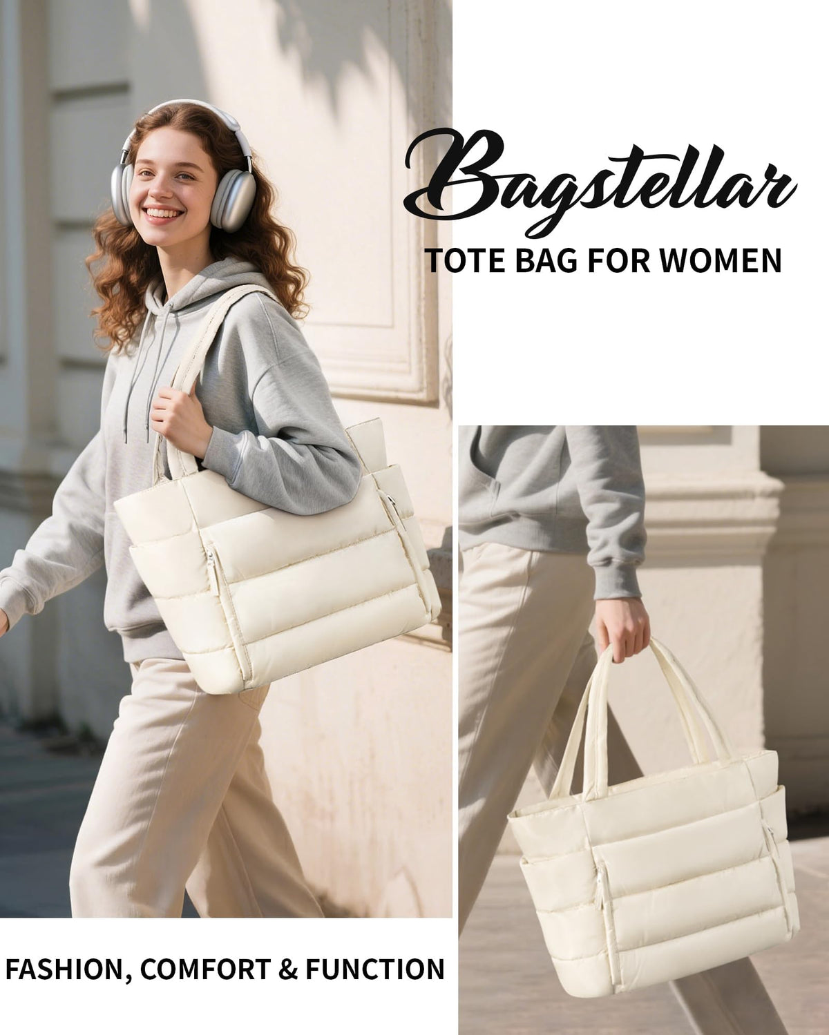 Bagstellar Puffer Tote Bag for Women, Lightweight Puffy Work Handbag Teacher Nurse Quilted Shoulder Bag for School Travel Gym