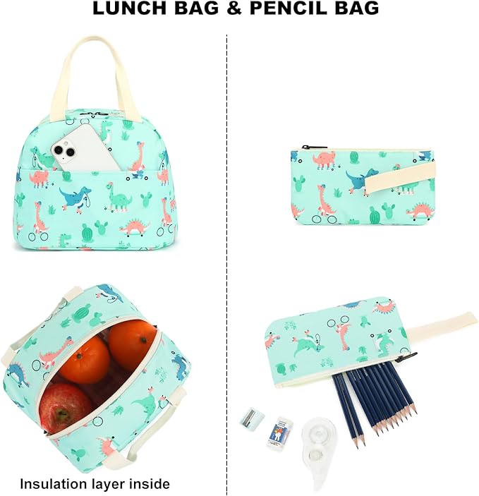 Dinosaur Girls Backpack for School, Kids Elementary School Bag Teens Middle Bookbag Set with Lunch Box Pencil Case (Green)