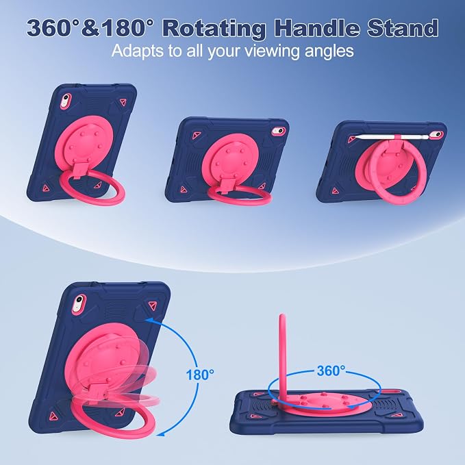 for iPad (A16) 11th Generation Case 11 Inch 2025 iPad 10th Generation case 10.9 Inch 2022 Shockproof Case with Screen Protector 360° Rotating Stand Shoulder Strap Pencil Holder Navy+Pink