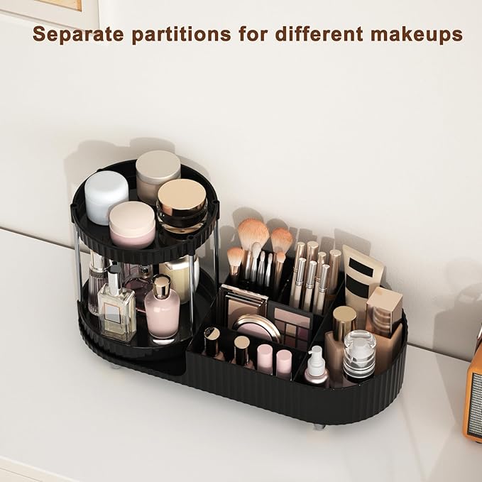 Makeup Organizer Countertop for Vanity with 360 Rotating Perfume Trays, 7-Compartment Skincare Organizers and Make Up Desk Storage, Cosmetic Organizer with Brush Holder for Bedroom Bathroom Counter