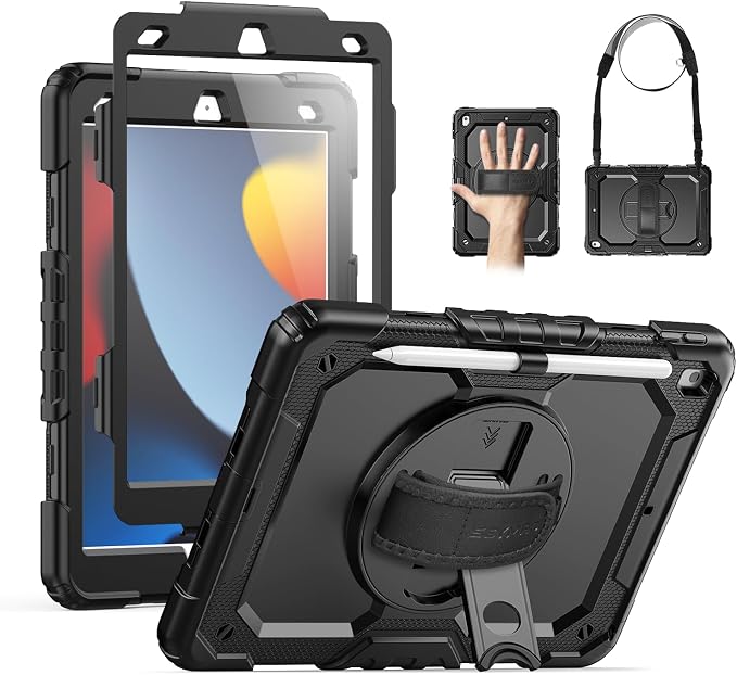 SEYMAC for iPad 9th/8th/7th Generation Case 10.2 2021-2019 Full-Body Shockproof Protective Case with Screen Protector Rotating Stand/Handle/Shoulder Strap for iPad 10.2 Blue/Black