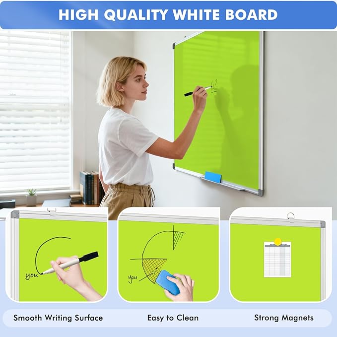 WALGLASS Magnetic Whiteboard 36"x24" Dry Erase White Board for Walls with Pen Tray, Aluminium Frame and Dry-Wipe Writing Surface for Drawing, Home, and Office (Green)