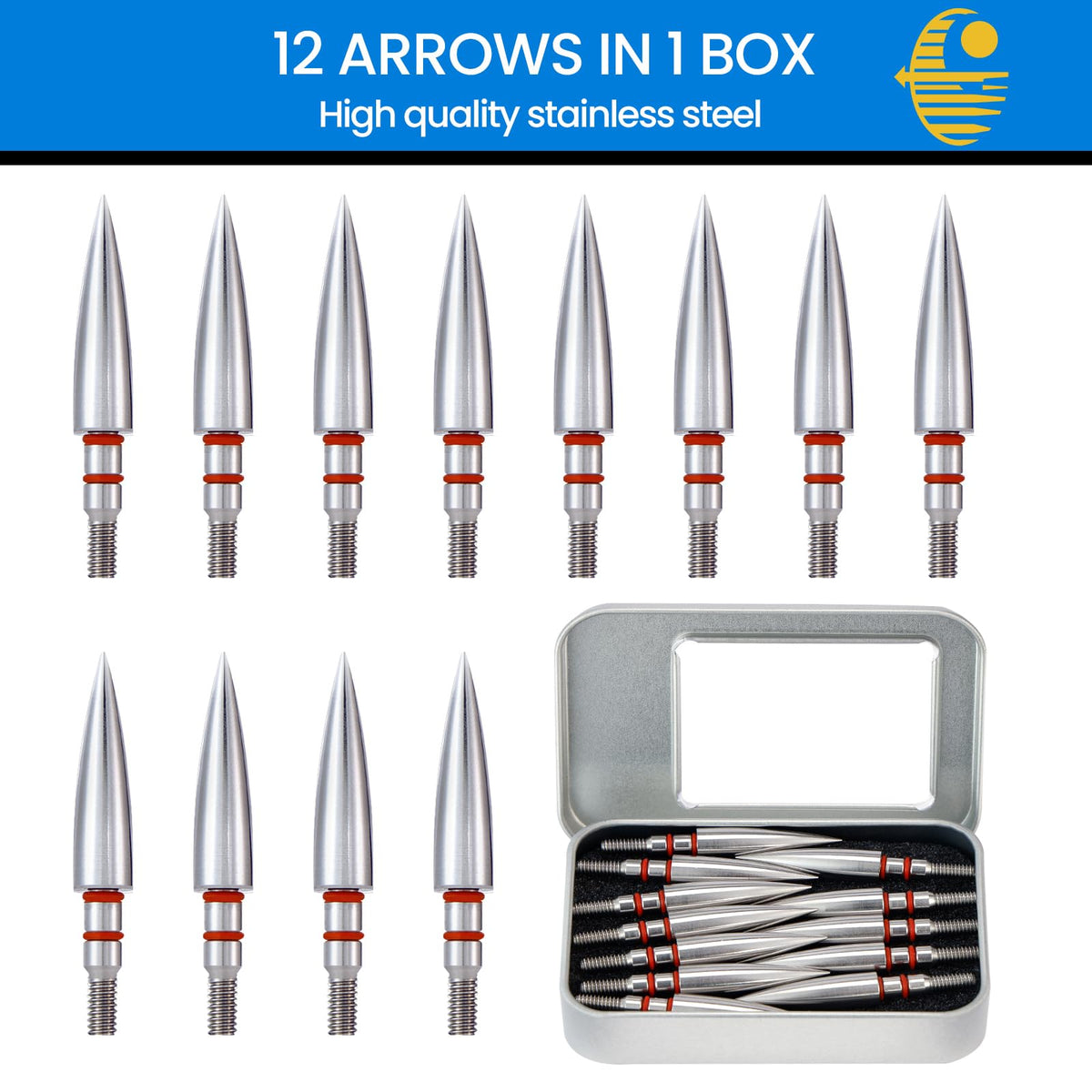 JGSDD 12pcs Archery Field Points, 100/125/150/300 Grain Field Points, Screw-in Archery Field Broadheads for Recurve, Compound Bow Crossbow, Archery Target Crossbow Practice Tip (19/64-125grain)