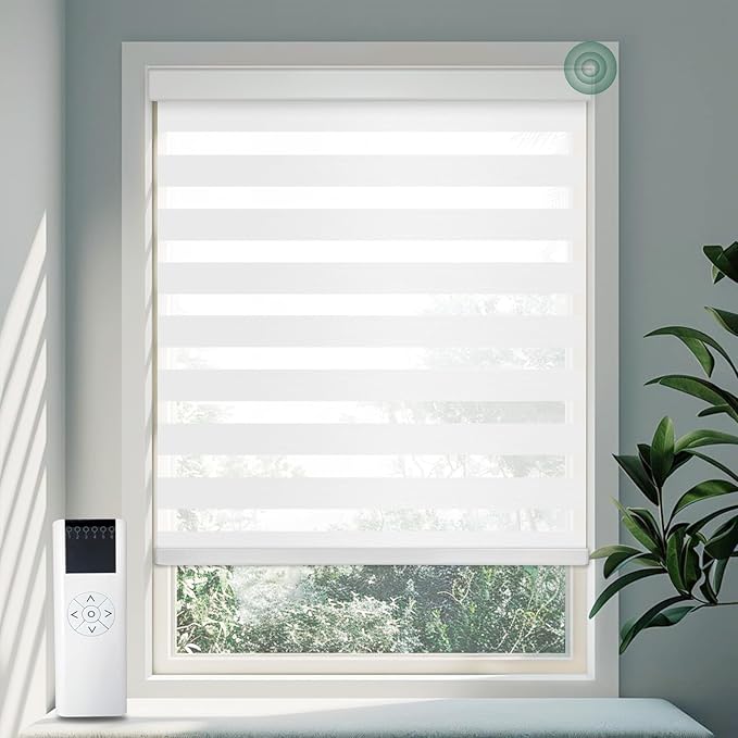 COOLWINDS Motorized Zebra Blinds for Windows Cordless Electric Curtains with Remote Control Blackout Shades Custom Smart Blinds Compatible with Alexa Google Home(Light Filtering White,W49 X 72in)