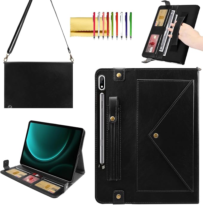 Handbag Case for Samsung Galaxy Tab S10 FE/S9 FE 10.9/S9/S8/S7 11 Techcircle Folio Stand Crossbody Wallet Protective Cover with S Pen Holder &amp Card Slots Hand Strap &amp Shoulder Strap Black