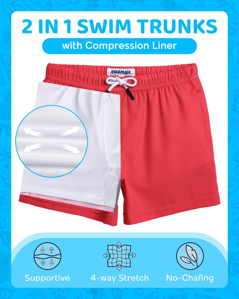 maamgic Boys Swim Trunks with Compression Liner 4-Way Stretch Quick Dry Swim Shorts Swimming Trunks Toddler Boy Hot Coral White 7 Years