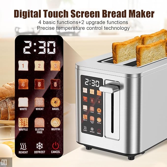 2026 Upgraded TAZTIR Touch Screen Toaster 2 Slice, Premium Stainless Steel Digital Bread Toaster with Timer, 1.5'' Wide Slot, 6 Shade Settings & 6 Bread Types, Bagel Defrost Reheat Cancel Functions