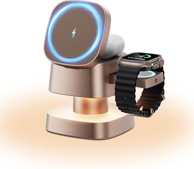 4 in 1 Magnetic Wireless Charging Station15W Fast Charging with Night Light for MagSafe Charger Stand3 in 1 Wireless Charger for iPhone 17/16/15/14/13 Pro MaxApple Watch &amp AirPodsSand Gold