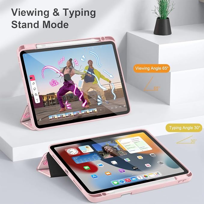 May Chen Case for iPad 12.9 Inch (6th/5th/4th/3rd Generation 2022/2021/2020/2018) Pencel Holder + Trifold Support Auto Sleep/Wake Transparent Shockproof Back Cover Blue Bows